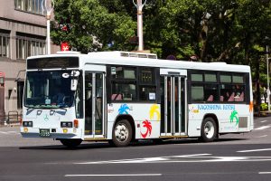 鹿児島交通 いすゞキュービック ワンステップ(KC-LV380N･鹿児島200 か 1355･元京成バス)の公式側型式写真。2020年8月撮影。