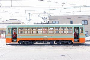 岡山電気軌道3005号車の北側側面。東山電停にて2018年5月撮影。