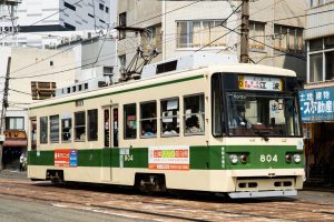 広島電鉄800形 804号 6号線江波行き 猿猴橋町付近にて 2021年3月撮影。