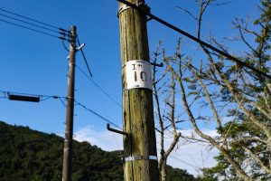 JR西日本･姫新線 美作江見駅の木製通信柱の標記（岡山県美作市）